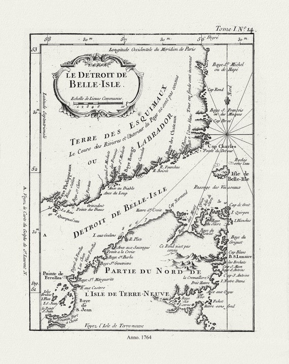 E Bellin, Le Detroit de Belle-Isle, 1764  , map on heavy cotton canvas, 45 x 65 cm, 18 x 24" approx.