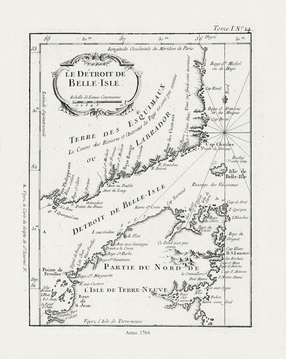 E Bellin, Le Detroit de Belle-Isle, 1764  , map on heavy cotton canvas, 45 x 65 cm, 18 x 24" approx.