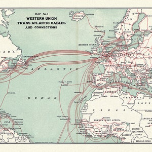 Kable transatlantyckie Western Union, 1900, mapa na grubym płótnie bawełnianym, ok. 50 x 70 cm (20 x 25 cali).