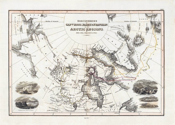 Thomson et Wyld, Discoveries Capts. Ross, Parry & Franklin in the Arctic Regions, 1824, map on heavy cotton canvas, 22x27" approx.