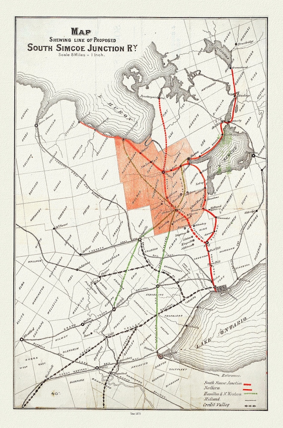 Map shewing line of proposed South Simcoe Junction Railway, Ontario, 1873, map on durable cotton canvas, 50 x 70 cm or 20x25" approx.