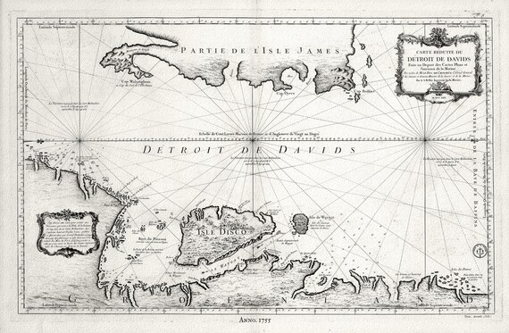 Davis Strait, 1755, Bellin auth., map on heavy cotton canvas, 50 x 70cm, 20 x 25" approx.