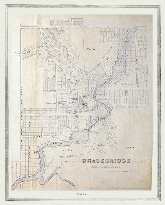 Muskoka-Haliburton, Plan of Bracebridge Village, 1893 , map on heavy cotton canvas, 20 x 25" approx.