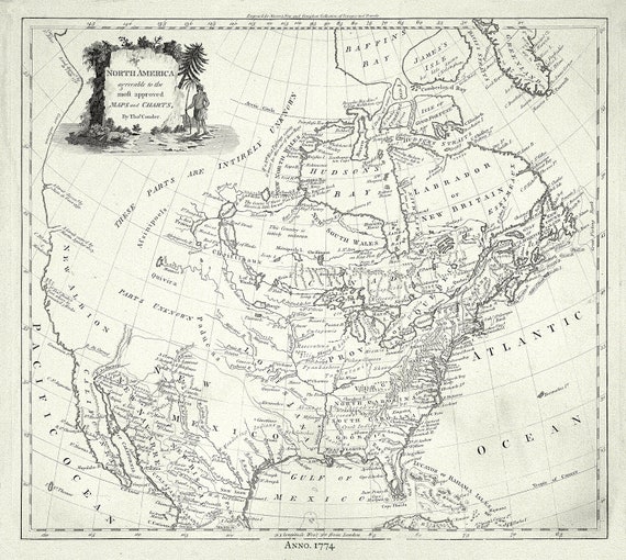 North America, Conder auth., 1774, map on durable cotton canvas, 50 x 70 cm, 20 x 25" approx.