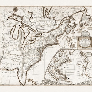 John Senex, New Map of the English Empire in America, 1721 Ver. D,sepia tone, map on heavy cotton canvas, 22x27" approx.