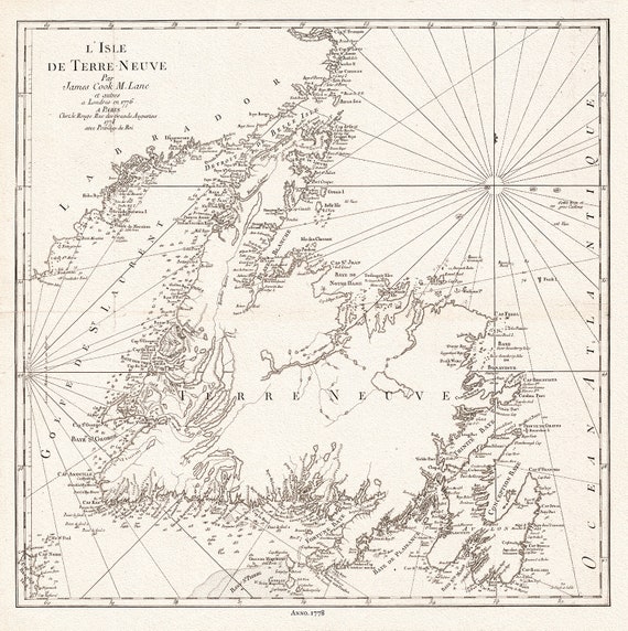 L'Isle de Terre-Neuve, 1778, Capt. Cook auth., map on durable cotton canvas, 50 x 70 cm, 20 x 25" approx.