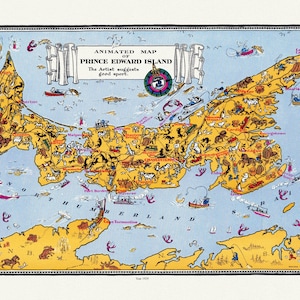An Animated Map of Prince Edward Island, 1929, on heavy cotton canvas, 22x27" approx.