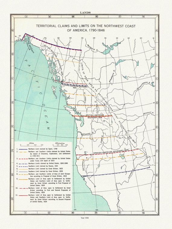 Northwest Coast Lands, Territorial Claims, Paulin et Wright auths., 1790 - 1846, map on heavy cotton canvas, 50 x 70cm, 20 x 25" approx.