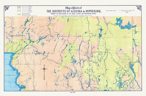 Algoma and Nipissing Districts, a geological map, 1900 , map on heavy cotton canvas, 45 x 65 cm, 18 x 24" approx.