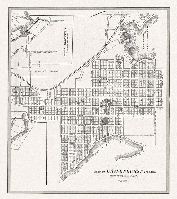 Gravenhurst Village, Muskoka, 1893 , map on durable cotton canvas, 50 x 70 cm or 20x25" approx.