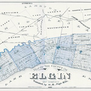 Comté d'Elgin, Ont.,1877 , carte sur toile de coton durable, 50 x 70 cm, 20 x 25" environ.
