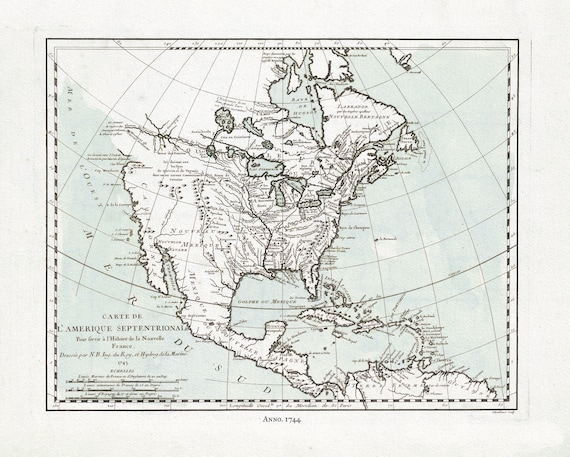 Bellin, Carte de L'Amerique Septentrionale, 1744 Ver. II , map on heavy cotton canvas, 22x27" approx.