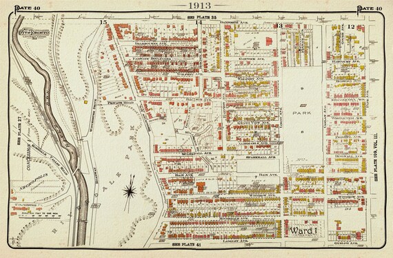 Plate 40, Toronto West, Riverdale North, 1913, map on heavy cotton canvas, 20 x 30" approx.