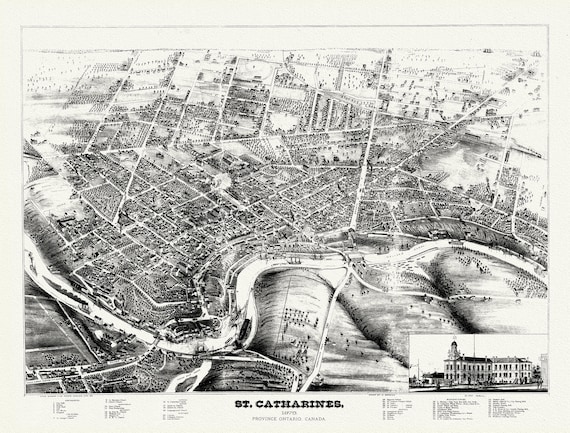 St. Catharines, Ont., A birdseye View, 1878, map on durable cotton canvas, 50 x 70 cm, 20 x 25" approx.