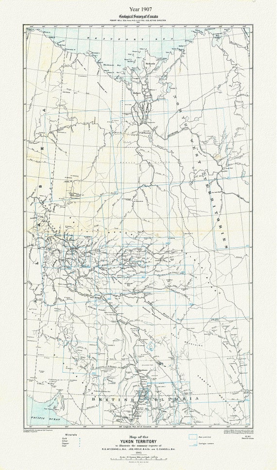 Map of the Yukon Territory to illustrate the summary reports of R.G. McConnell, Keele and  Camsell, 1907, map on canvas,  20 x 25" approx.
