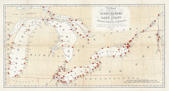 Great Lakes Lighthouses, 1848 , map on heavy cotton canvas, 50 x 70cm, 20 x 25" approx.