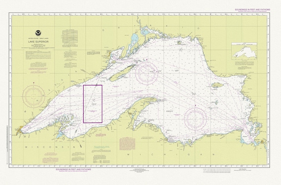 Nautical Chart of Lake Superior, 2016, map on heavy cotton canvas, 50 x 70 cm or 20x25" approx.