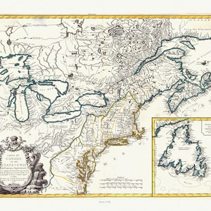 Carte du Canada et des Etats Unis de l'Amérique Septentrionale, 1778, Vaugondy auth, map on durable  canvas, 50 x 70 cm, 20 x 25" approx.