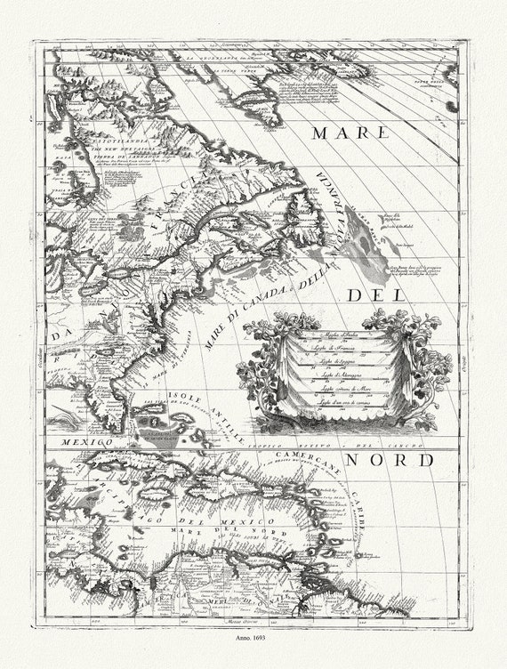 Coronelli (Vicenzo 1650-1718), America Settentrionale (parte orientale)), 1693, map on durable cotton canvas, 50 x 70 cm, 20 x 25" approx.