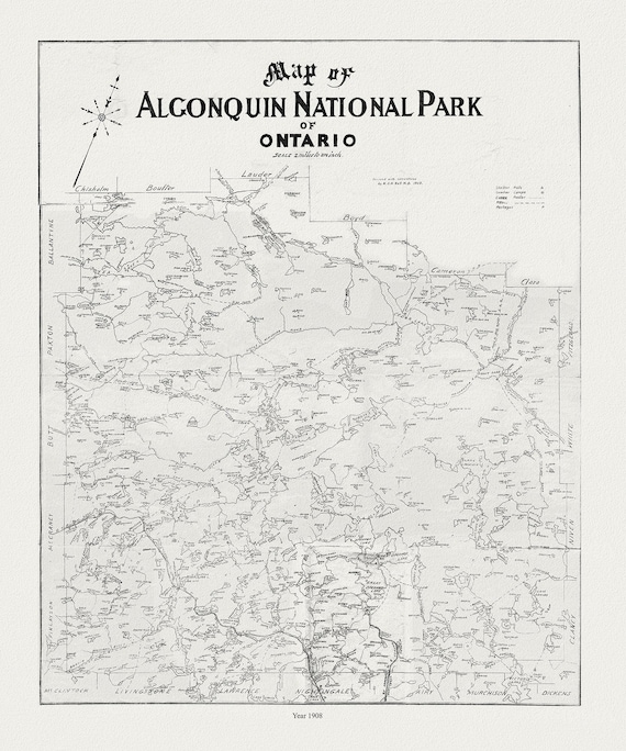 Historic Algonquin Park Map, auth. Dr. Bell, 1908 , map on heavy cotton canvas, 20x27" approx.