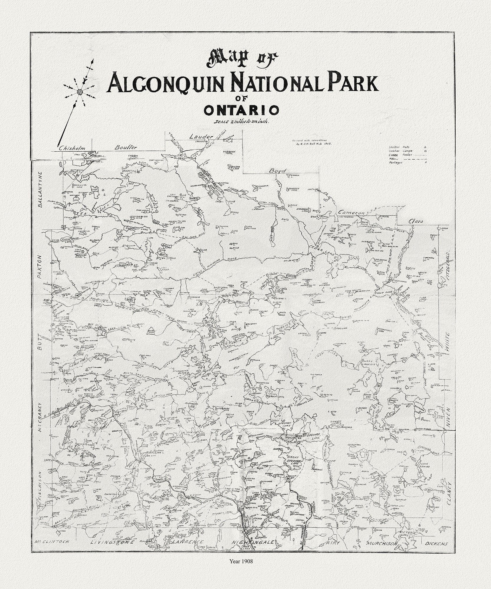 Historic Algonquin Park Map, auth. Dr. Bell, 1908 , map on heavy cotton