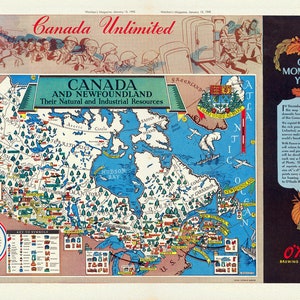 Kanada und Neufundland, Ihre natürlichen und industriellen Ressourcen, MacLean es Magazine, 1945, Karte auf schwerer Baumwollleinwand, ca.
