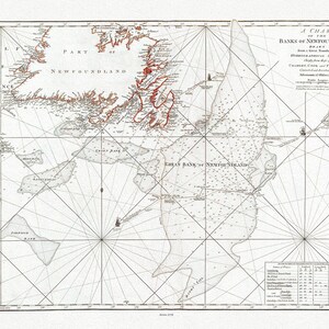 Jefferys, A Chart Of The Banks Of Newfoundland, 1776, mapa em tela de algodão grosso, 50 x 70 cm, 20 x 25" aprox.