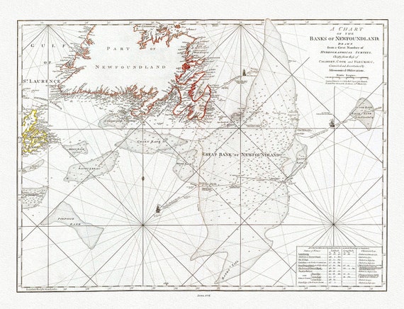 Jefferys, A Chart Of The Banks Of Newfoundland, 1776 , map on heavy cotton canvas, 50 x 70 cm, 20 x 25" approx.