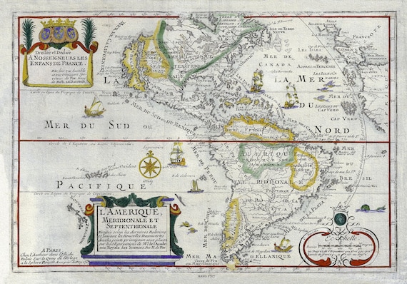Western Hemishere, 1717, de Fer auth., map on heavy cotton canvas, 50 x 70cm, 20 x 25" approx.