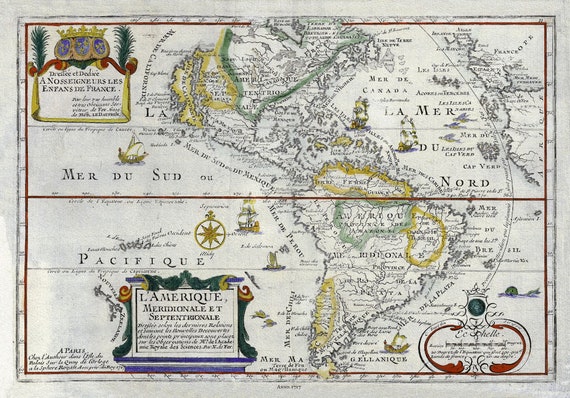 Western Hemishere, 1717, de Fer auth., map on heavy cotton canvas, 50 x 70cm, 20 x 25" approx.