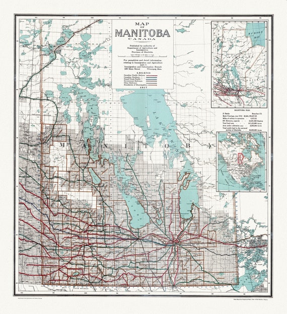 Map of Manitoba Canada, 1917, map on heavy cotton canvas, 22x27" approx.