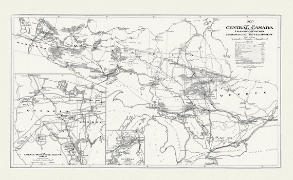 Map of Central Canada Showing Transportation and Commercial Development, 1927, map on durable cotton canvas, 50 x 70 cm, 20 x 25" approx.