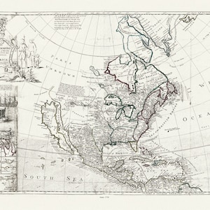 Bowles, Ta mapa Ameryki Północnej, według najnowszych i najdokładniejszych obserwacji, 1712, mapa na grubym bawełnianym płótnie, ok. 22x27".