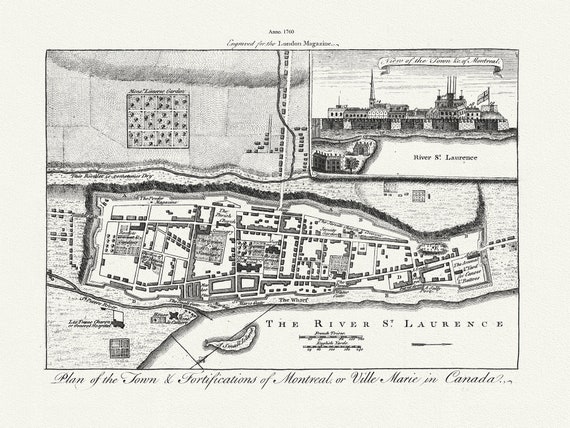 Plan of the town & fortifications of Montreal, or Ville Marie in Canada, 1760, map on heavy cotton canvas, 22x27" approx.