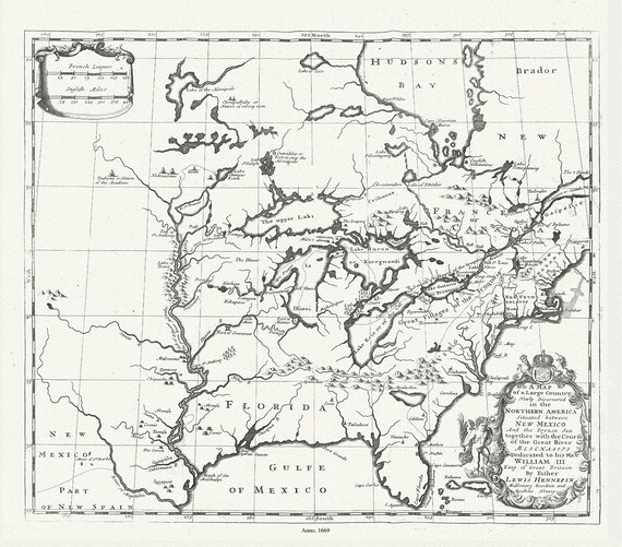 Map of a Large Country Newly Discovered in the Northern America Situated between New Mexico And the Frozen Sea, Hennepin,1698