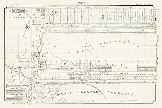 Plate 38, Toronto North, Mount Pleasant & Davisville, 1903, map on heavy cotton canvas, 20 x 30" or 50 x 75cm. approx.