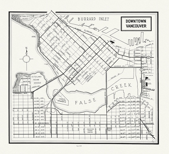 Vancouver, Downtown, 1958 , map on heavy cotton canvas, 45 x 65 cm, 18 x 24" approx.