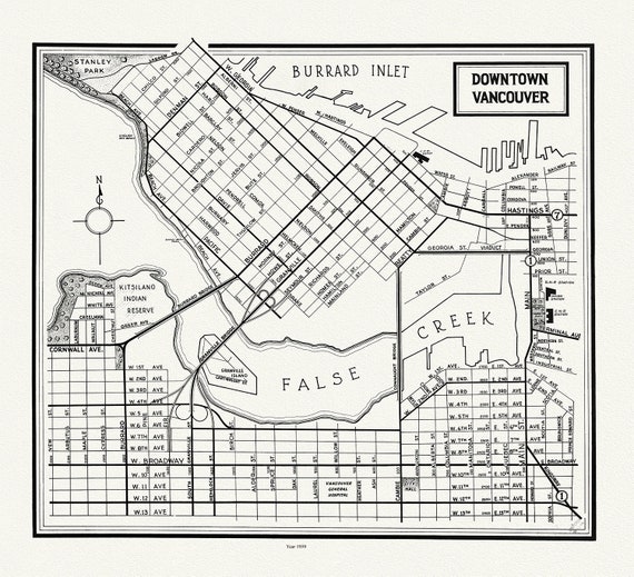 Vancouver, Downtown, 1958 , map on heavy cotton canvas, 45 x 65 cm, 18 x 24" approx.