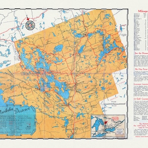 Road Map, Muskoka Bezirk, Ontario, 1936, auf schwerer Baumwollleinwand, ca.