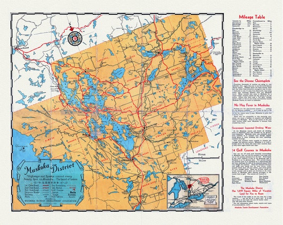 Road Map, Muskoka district, Ontario, 1936, on heavy cotton canvas, 22x27" approx.