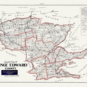 Carte du comté de Prince Edward, Ontario, 1923, carte sur toile de coton lourde, 45 x 65 cm, 18 x 24 » env.