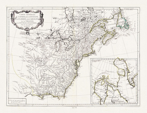 Carte générale du Canada, de la Louisiane, de la Floride, de la Caroline, de la Virginie, de la Nouvelle Angleterre, 1776, 25x27" approx.