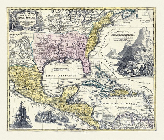 Regni Mexicani seu Novæ Hispaniæ, Ludovicianæ, N. Angliæ, Carolinæ, Virginæ et Pensylvaniæ  in America Septentrionali, 1759 canvas 22x27"