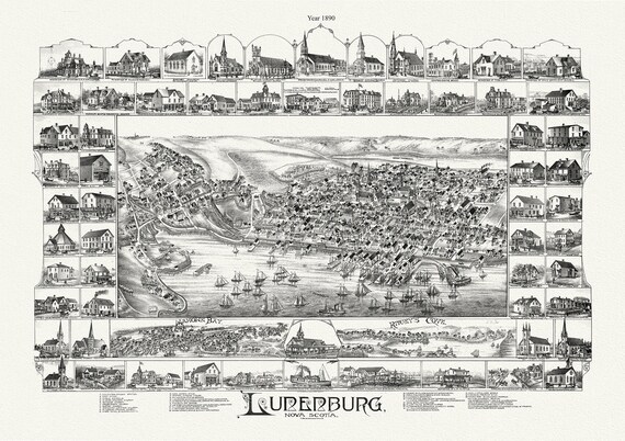 Lunenburg, Nova Scotia, A Bird's Eye View, 1890  , map on durable cotton canvas, 50 x 70 cm, 20 x 25" approx.