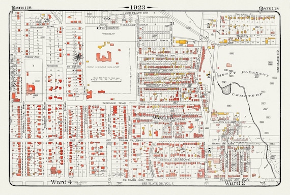 Plate 118, Toronto Uptown, Upper Canada College, Mount Pleasant, 1923, Map on heavy cotton canvas, 18x27in. approx.