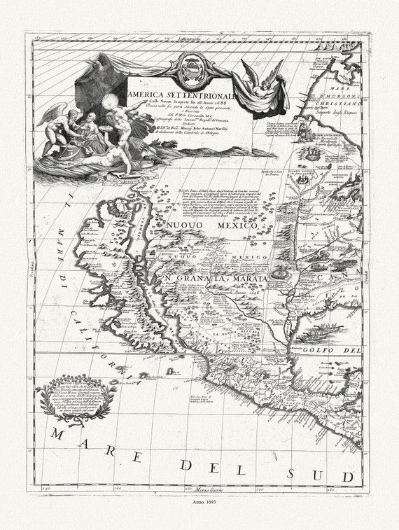 Coronelli (Vicenzo 1650-1718)-America Settentrionale  (parte occidentale), 1693, map on heavy cotton canvas, 20 x 25" approx.