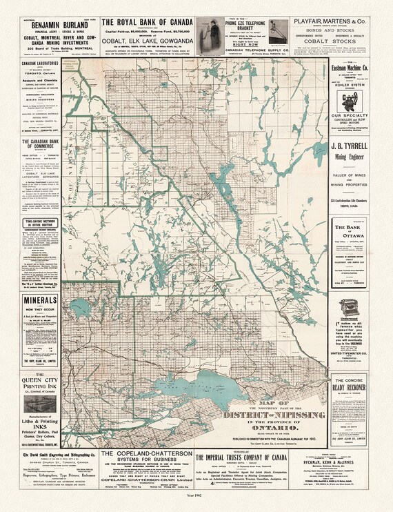 Northern part of the District of Nipissing in the province of Ontario, 1902, map on heavy cotton canvas, 50 x 70cm, 20 x 25" approx.