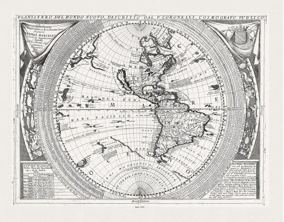 Coronelli, Planisfero del Mondo Nuovo, 1693 ,Map on heavy cotton canvas, 22x27in