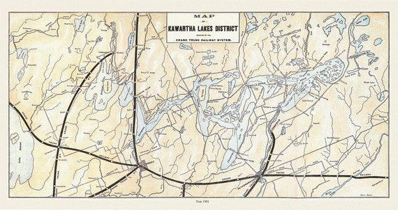 Kawartha Lakes District, Grand Trunk Railroad, 1901 , map on durable cotton canvas, 50 x 70 cm, 20 x 25" approx.