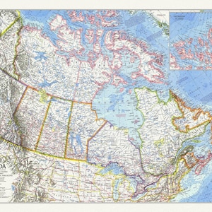 Canada, National Geographic, 1972, carte sur toile de coton lourde, 50 x 70 cm, 21 x 25 » env.